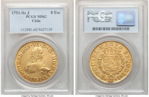 Ferndinand VI gold 8 Escudos 1751 So-J MS62 PCGS, Santiago mint, KM3, Fr-5, Cal-824. A crisply produced Mint State offering that presents clearly cont...