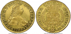 Ferdinand VI gold 8 Escudos 1755 So-J UNC Details (Obverse Cleaned) NGC, Santiago mint, KM3, Fr-20, Cal-830. Struck upon a canary-gold planchet with a...
