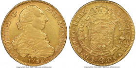 Charles III gold 8 Escudos 1783 So-DA AU55 NGC, Santiago mint, KM27, Cal-2168. Clearly defined around the peripheries of the devices, lending an impre...