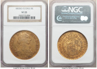Charles IV gold 8 Escudos 1803 So-FJ VF25 NGC, Santiago mint, KM54, Fr-23, Cal-1773. A conservatively graded specimen with significantly more detail a...