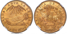 Republic gold 8 Escudos 1836 So-IJ MS61 NGC, Santiago mint, KM93, Fr-37, Onza-1631. Hand on Book type. Blessed with a fetching tangerine-gold tone tha...