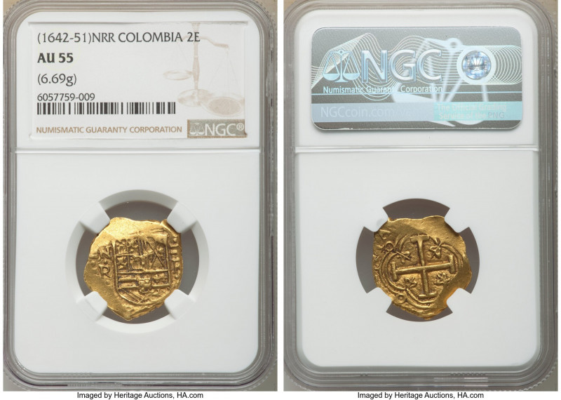Philip IV gold Cob 2 Escudos ND (1642-1651) NR-R AU55 NGC, Bogota mint, KM4.1, R...