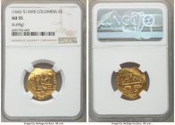 Philip IV gold Cob 2 Escudos ND (1642-1651) NR-R AU55 NGC, Bogota mint, KM4.1, Restrepo-M50.25. 6.69gm. Borderline uncirculated in both appeal and app...