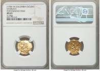 Charles II gold Cob Escudo ND (1708-1714) MS63 NGC, Bogota mint, KM13, Restrepo-M64.16. 3.39gm. Posthumous issue under Philip V. Choice Mint State, di...