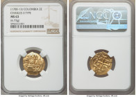 Charles II gold Cob 2 Escudos ND (1700-1713) MS63 NGC, Bogota mint, KM14.2, Cal-Type 242 (under Philip V), Restrepo-M66.32. 6.73gm. Posthumous issue. ...