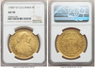 Charles III gold 8 Escudos 1780 P-SF AU58 NGC, Popayan mint, KM50.2, Cal-2048. Compelling for its type and certified on the verge of Mint State, and p...
