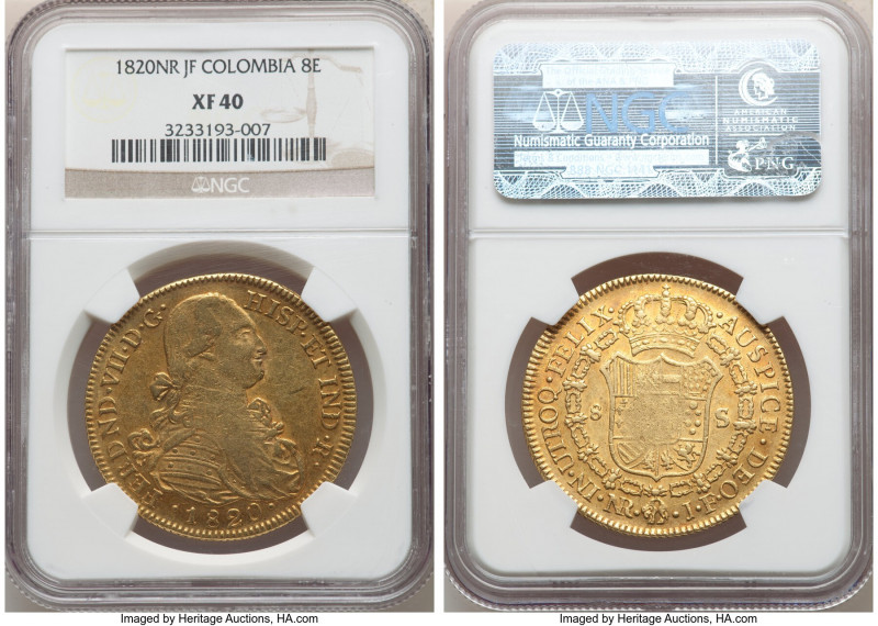 Ferdinand VII gold 8 Escudos 1820 NR-JF XF40 NGC, Nuevo Reino mint, KM66.1, Cal-...