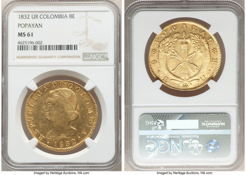 Republic gold 8 Escudos 1832 POPAYAN-UR MS61 NGC, Popayan mint, KM82.2, Fr-68. A...