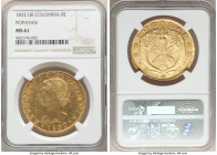 Republic gold 8 Escudos 1832 POPAYAN-UR MS61 NGC, Popayan mint, KM82.2, Fr-68. A radiant and conditionally challenging emission with only two other ex...