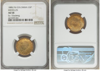 Estados Unidos gold 5 Pesos 1885/74-MEDELLIN AU58 NGC, Medellin mint, KM163, Restrepo-330. Pale-gold appearances abound this single-year, overdated is...