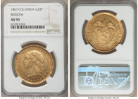 Estados Unidos gold 20 Pesos 1867-BOGOTA AU55 NGC, Bogota mint, KM142.1, Restrepo-336. An exceedingly scarce and conditionally challenging date, the s...