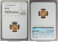 Republic gold Peso 1915 MS66 NGC, Philadelphia mint, KM16. Full luster pervades this small yet desirable issue, ranking in the upper echelons of certi...