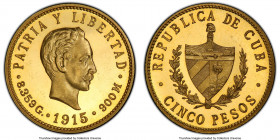 Republic gold Proof 5 Pesos 1915 PR64 Deep Cameo PCGS, Philadelphia mint, KM19, Fr-4. A popular Cuban Proof type, near-gem with an unbeatable Deep Cam...