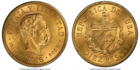 Republic gold 10 Pesos 1916 MS63 PCGS, Philadelphia mint, KM20. Choice Mint State preservation envelopes the coin at hand, which immediately radiates ...