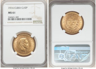 Republic gold 10 Pesos 1916 MS61 NGC, Philadelphia mint, KM20. An uncirculated representative of this contested series exhibiting free-wheeling luster...