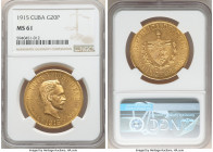 Republic gold 20 Pesos 1915 MS61 NGC, Philadelphia mint, KM21. Slightly flashy in the fields, with blooming golden luster glowing from within the lege...