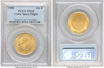 Republic gold "Soviet/Cuban Space Flight" 100 Pesos 1980 MS68 PCGS, KM52. Mintage: 1,000. Struck to commemorate the Soyuz 38 mission in 1978 where Arn...