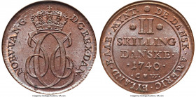 Danish Colony. Christian VI 2 Skilling 1740 (h)-CW MS66 Brown NGC, KM3, Sieg-2, Hede-2. A sensational offering that towers above the certified populat...