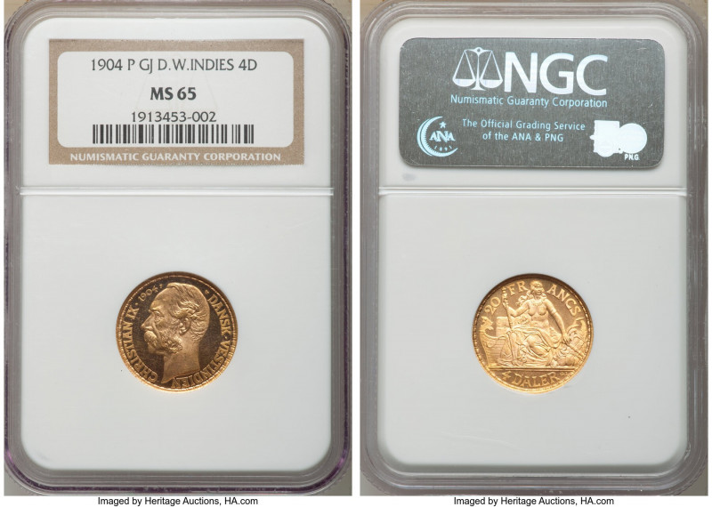 Danish Colony. Christian IX gold 4 Daler (20 Francs) 1904-(h) MS65 NGC, Copenhag...