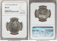 Republic 5 Sucres 1973 MS65 NGC, KM84. A rare modern issue that saw a total issuance of only 500 examples, by far most of which were remelted, leaving...