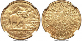 German Colony. Wilhelm II gold 15 Rupien 1916-T MS63 NGC, Tabora mint, KM16.2, J-728a. Arabesque below the A in "OSTAFRIKA" variety. A survivor and co...