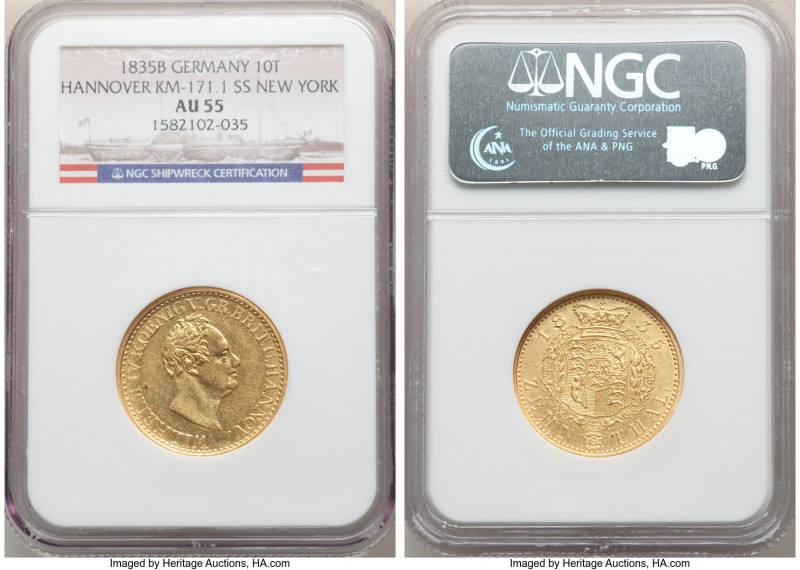 Hannover. William IV of England gold 10 Taler 1835-B AU55 NGC, KM171.1, Fr-1164....