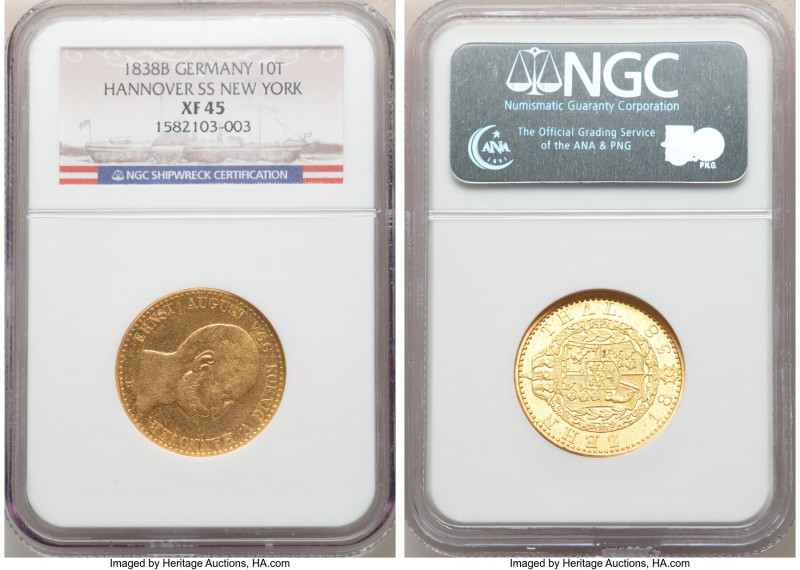 Hannover. Ernst August gold 10 Taler 1838-B XF45 NGC, KM175, Fr-1170. From the S...