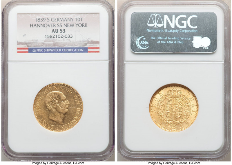 Hannover. Ernst August gold 10 Taler 1839-S AU53 NGC, KM187, Fr-1171, D&S-102. F...