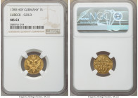 Lübeck. Free City gold Schilling 1789-HDF MS63 NGC, KM-Pn31, Fr-Unl. A shimmering off-metal strike, fleeting and highly desirable in this choice condi...