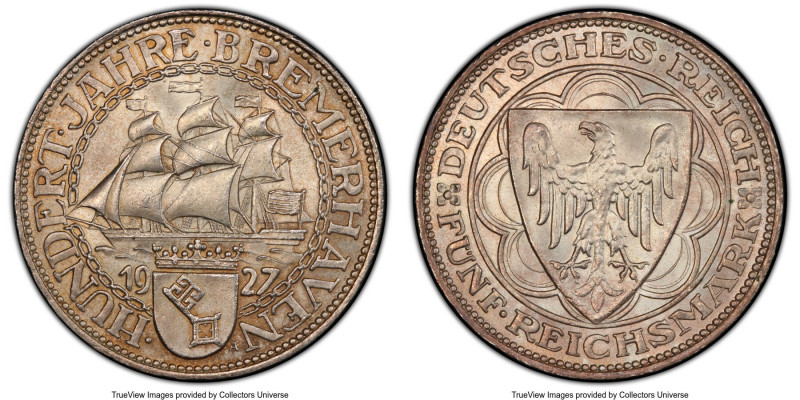 Weimar Republic "Bremerhaven" 5 Mark 1927-A MS65+ PCGS, Berlin mint, KM51, J-326...