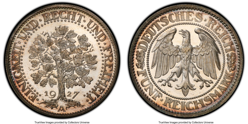 Weimar Republic Proof "Oak Tree" 5 Mark 1927-A PR66 Cameo PCGS, Berlin mint, KM5...