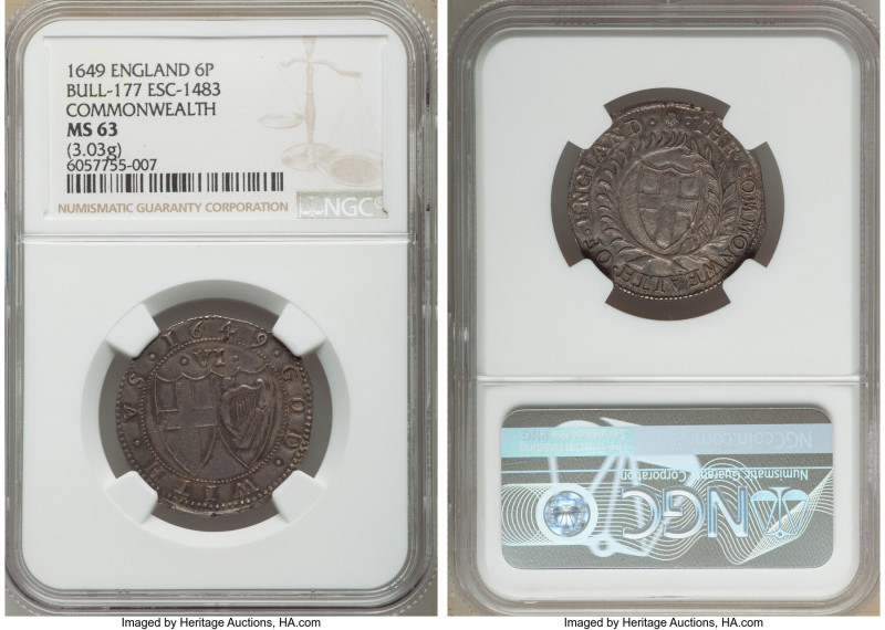 Commonwealth 6 Pence 1649 MS63 NGC, Sun mm, KM389.1, S-3219, ESC-177 (prev. ESC-...