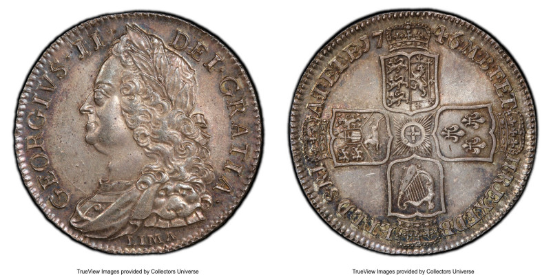 George II "Lima" 1/2 Crown 1746 MS63+ PCGS, KM584.3, S-3695A. A historically imp...