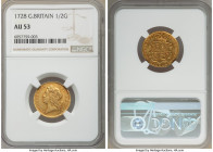 George II gold 1/2 Guinea 1728 AU53 NGC, KM565.1, Fr-345, S-3681. Elusive in any grade, let alone approaching Mint State designations. Interestingly e...