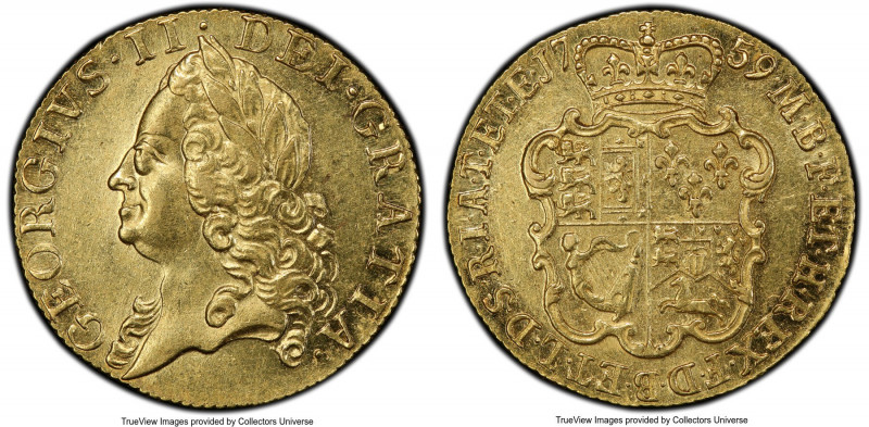 George II gold Guinea 1759 AU58 PCGS, KM588, S3680. Truly impressive for the typ...