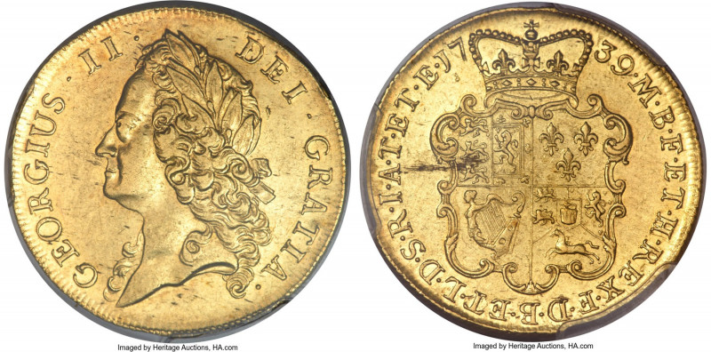 George II gold 2 Guineas 1739 AU55 PCGS, KM578, S-3668. A flashy, canary-gold ex...