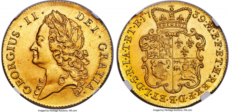 George II gold 2 Guineas 1739 AU Details (Tooled) NGC, KM578, S-3668. A bright a...