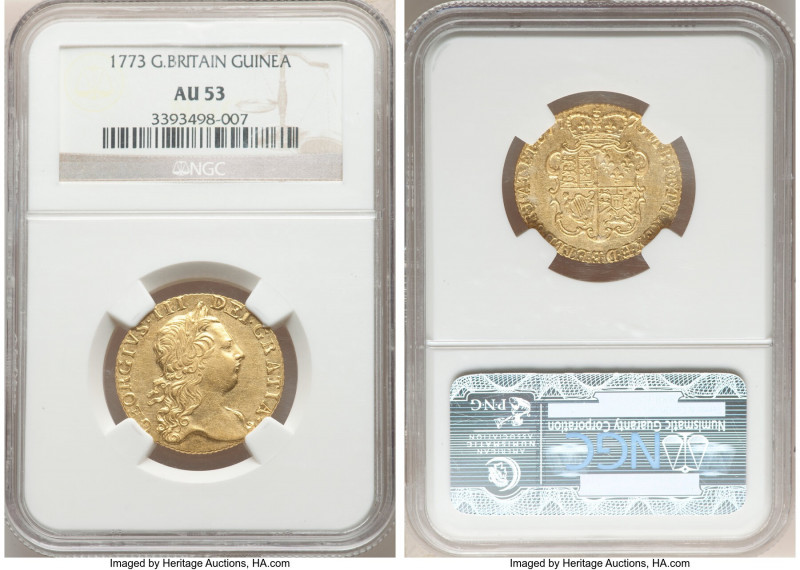 George III gold Guinea 1773 AU53 NGC, KM600, Fr-354, S-3727. A fullness in strik...