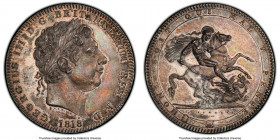 George III Crown 1818 MS62 PCGS, KM675, S-3787. LVIII edge. Endowed with a variegated metallic patina infused with strong elements of olive and scatte...