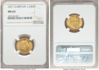 George III gold 1/2 Sovereign 1817 MS64 NGC, KM673, S-3786, Marsh-400. Ranking among the upper echelons of certified examples, this near-gem exudes en...