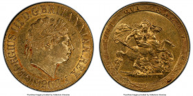 George III gold Sovereign 1820 AU53 PCGS, KM674, S-3785C. Large Dot, Open 2. Appealing and only modestly circulated, satiny brilliance glowing from wi...