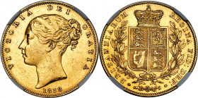Victoria gold Sovereign 1838 AU58 NGC, KM736.1, S-3852. First year of issue and a slightly better date from this popular series, with attractive luste...