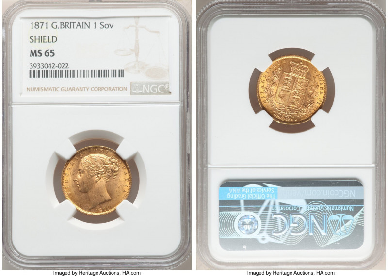 Victoria gold "Shield" Sovereign 1871 MS65 NGC, KM736.2, S-3853B. Die #28. Compe...