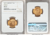Victoria gold "Shield" Sovereign 1871 MS65 NGC, KM736.2, S-3853B. Die #28. Compelling for its type and awash in golden resplendence, this conditionall...