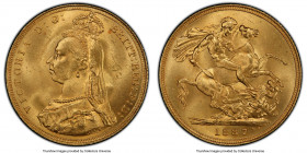 Victoria gold "Jubilee Head" Sovereign 1887 MS65 PCGS, KM767, S-3866. Angled J variety. A collectible Jubilee Head type enveloped in a halo of satiny ...