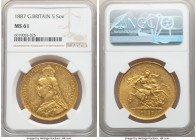 Victoria gold 5 Pounds 1887 MS61 NGC, KM769, S-3864. Amber-tinged appearances abound this precisely rendered Jubilee head 5 Pounds. AGW 1.1775 oz.

...
