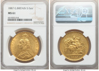 Victoria gold 5 Pounds 1887 MS61 NGC, KM769, S-3864. Despite prominent, marked fields, the protected recesses of the legends and reverse motifs still ...