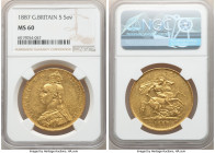 Victoria gold 5 Pounds 1887 MS60 NGC, KM769, S-3864. A covetable, fully embossed large-format gold issue of a Jubilee head Victoria. AGW 1.1775 oz.
...