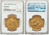Victoria gold 5 Pounds 1887 AU58 Prooflike NGC, KM769, S-3864. A scarce specimen, not only for its Prooflike designation and overall appearances, but ...