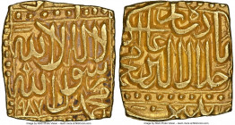 Mughal Empire. Akbar (AH 963-1014 / AD 1556-1605) gold Square Mohur AH 987 (AD 1579/1580) MS62 NGC, Patna mint, KM111.1, Hull-1229, Liddle Type G-22. ...
